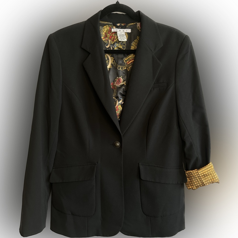 CAbi City Blazer Black Size 10, amazing pattered lining!
